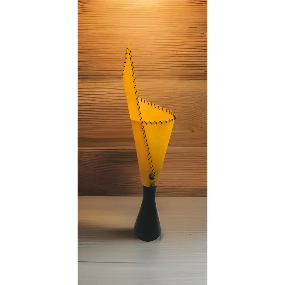 MCM Boho Style Sculptural Wood Abstract Table Lamp Yellow Gold Shade 26” Tall